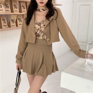 Plain Cropped Blazer / Mini A-line Skirt / Plaid Bow Camisole Top