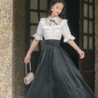 Bell-sleeve Lace Panel Top / Midi A-line Skirt