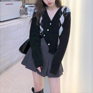 Asymmetric Argyle Print Cardigan Black - One Size