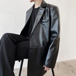 Long-sleeve Single Breasted Faux Leather Plain Blazer