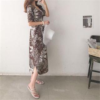 V-neck Foliage Long Shirtdress