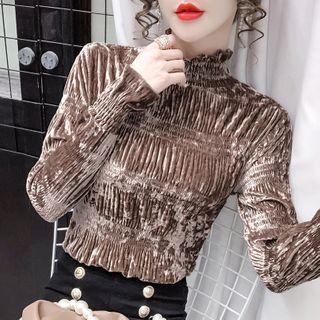 Ruffle-collar Shirred Velvet Top