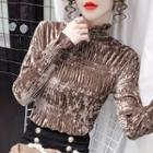 Ruffle-collar Shirred Velvet Top