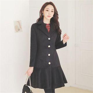 Button-trim Ruffle-hem Coatdress