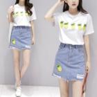 Pineapple Embroidered Short Sleeve T-shirt / A-line Denim Skirt
