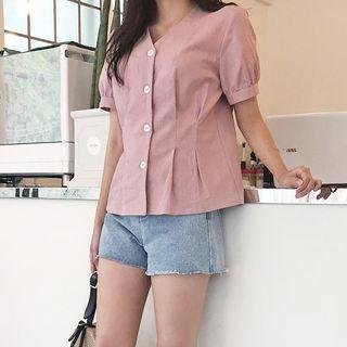 Short-sleeve Pintuck Linen Blend Blouse