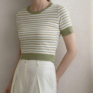 Round-neck Stripe Knit Crop Top