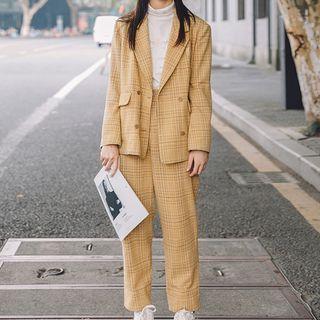 Double-breasted Gingham Blazer / Suspender Gingham Pants