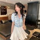 Short-sleeve Striped Bow-accent Button-up Knit Top / Mini A-line Skirt