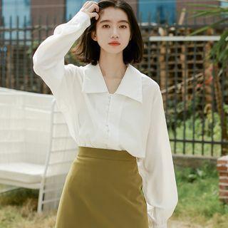 V Neckline Plain Long-sleeve Shirt White - One Size