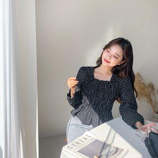 Square-neck Smocked Check Blouse