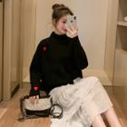 Long-sleeve Mock Neck Heart Embroidered Sweater