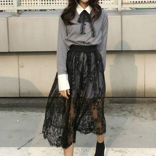 Set: Plaid Shirt Dress + Mesh Midi Skirt