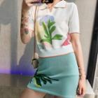 Set: Collared Sweater + Patterned Knit Skirt Green - One Size