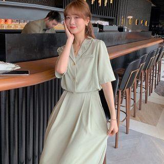 Set: Short-sleeve Open-collar Shirt + Midi A-line Skirt