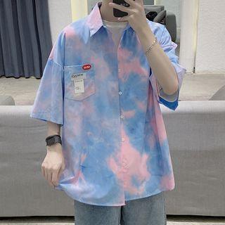 Elbow-sleeve Tie Dye Applique Shirt