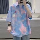 Elbow-sleeve Tie Dye Applique Shirt
