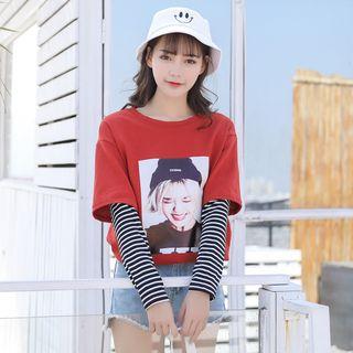 Mock Two Piece Striped Panel Printed Short Sleeve T-shirt