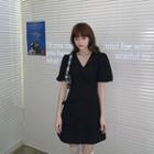 Puff-sleeve Ruffled Mini A-line Dress Black - One Size