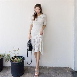 Set: Ruffle-hem Pointelle-knit Dress + Slipdress