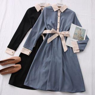 Colorblock A-line Shirtdress With Sash In 7 Colors