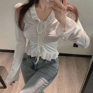 Long-sleeve V-neck Ruffle Trim Drawstring Lace-up Ruched Top