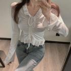 Long-sleeve V-neck Ruffle Trim Drawstring Lace-up Ruched Top