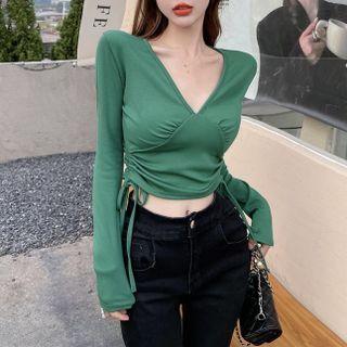 V-neck Drawstring Ruched Crop Top