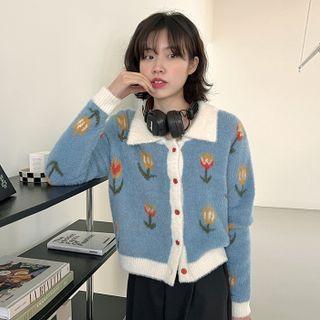 Flower Pattern Fuzzy Cardigan Light Blue - One Size