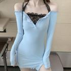 Off-shoulder Lace Halter Mock Two-piece Dress