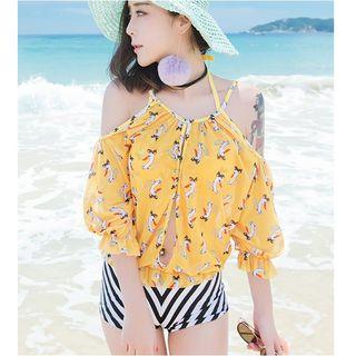 Set: Printed Bikini Top + Striped Swim Shorts + Cover-up Top