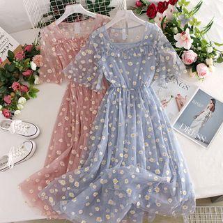 Square Collar Floral Mesh Dress