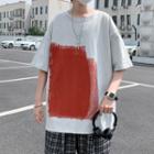 Elbow-sleeve Square Print T-shirt