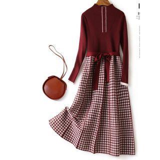 Plaid Panel Knit Midi A-line Dress