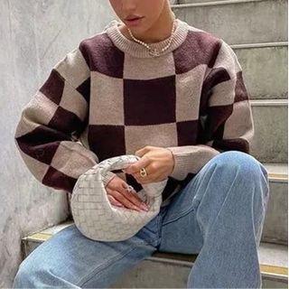 Long Sleeve Plaid Loose-fit Sweater Brown - One Size