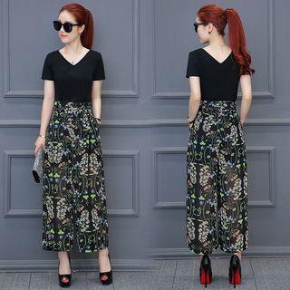 Set; V-neck Top + Printed Wide-leg Pants