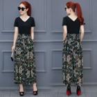 Set; V-neck Top + Printed Wide-leg Pants