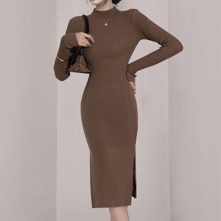 Long-sleeve Mock-neck Knit Midi Sheath Dress Coffee - One Size
