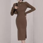 Long-sleeve Mock-neck Knit Midi Sheath Dress Coffee - One Size