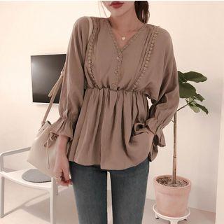 Long-sleeve V-neck Plain Tie-waist Blouse Chocolate - One Size