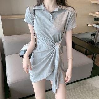 Short-sleeve Polo-neck Asymmetric Mini Dress