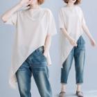 Elbow-sleeve Asymmetric T-shirt Khaki - One Size