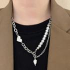 Heart Faux Pearl Alloy Necklace Silver - One Size
