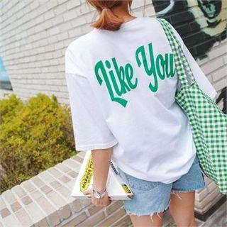 Round-neck Lettering T-shirt Green - One Size