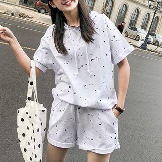 Set: Elbow-sleeve Splatter Print Hoodie + Shorts