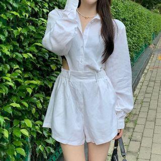 Long-sleeve Cutout Romper White - One Size