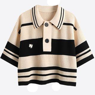 Elbow-sleeve Striped Knit Polo Top