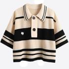Elbow-sleeve Striped Knit Polo Top