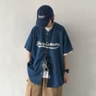 Elbow-sleeve Lettering Denim Baseball Jacket