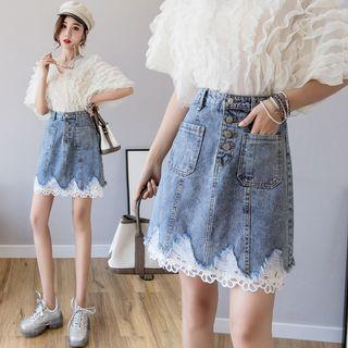 Eyelet Lace Hem Ripped Denim Skirt